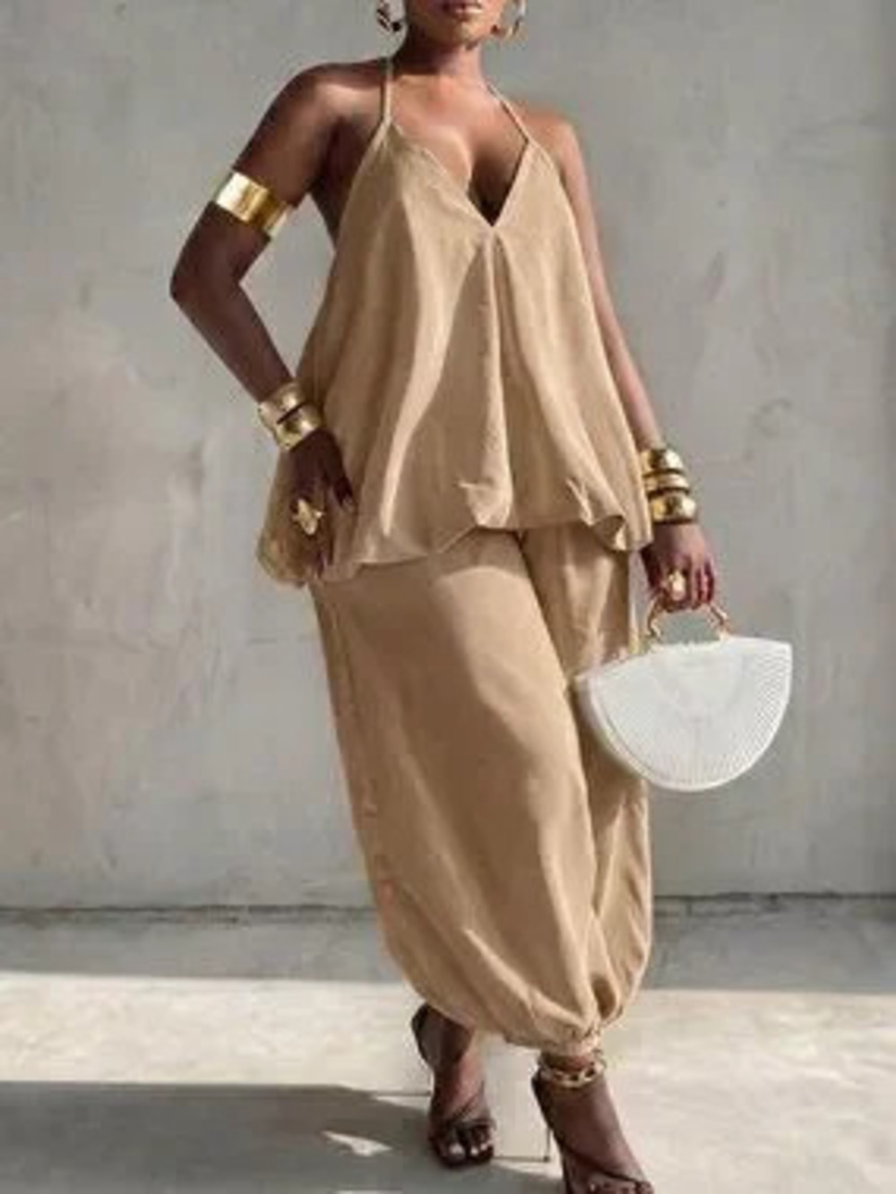 ZARA Khaki Casual Women's Halter Neck Plain Regular Sleeve Blouse & Pants Set